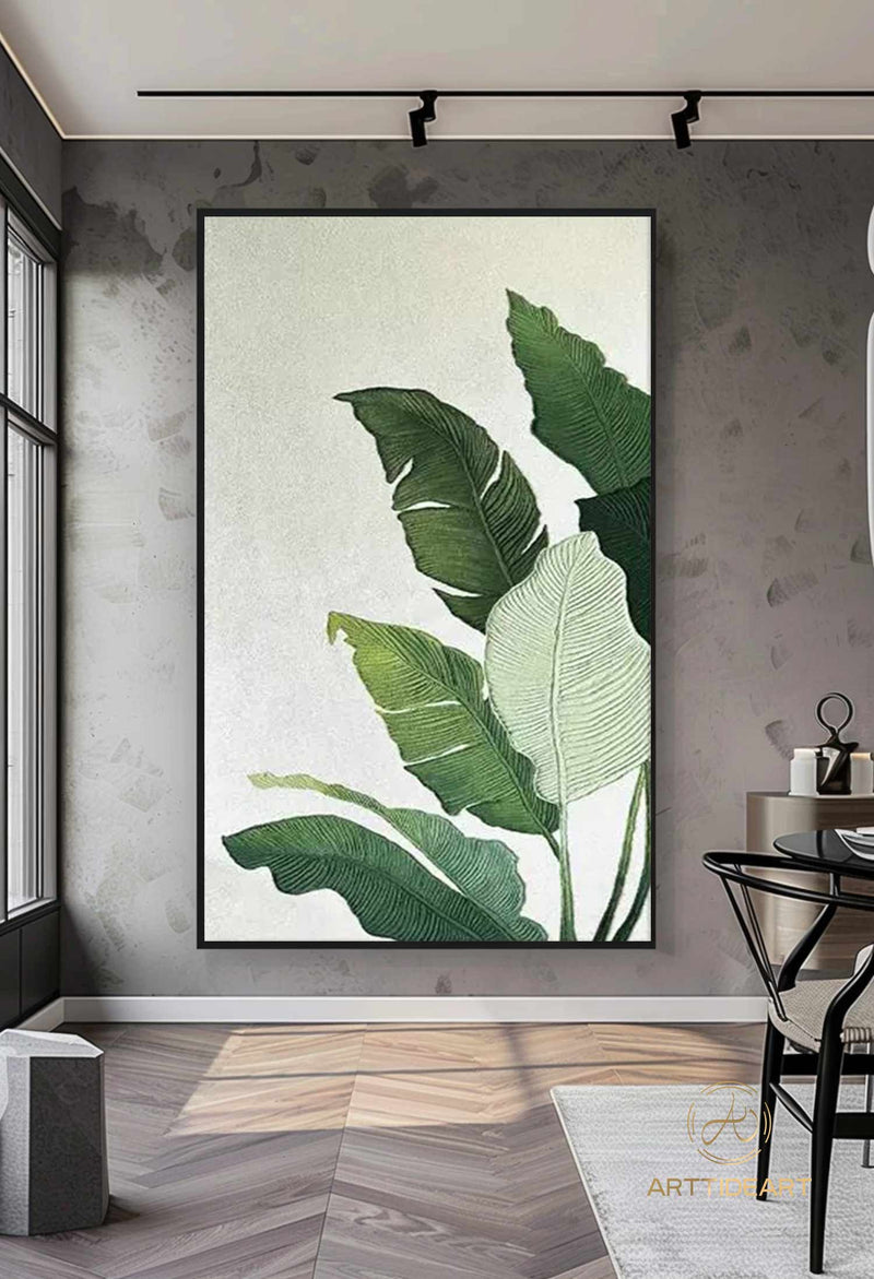 Large Nordic Green Beige abstract wall Green 3D texture painting abstract leaf painting modern living room abstract painting Minimalist Art