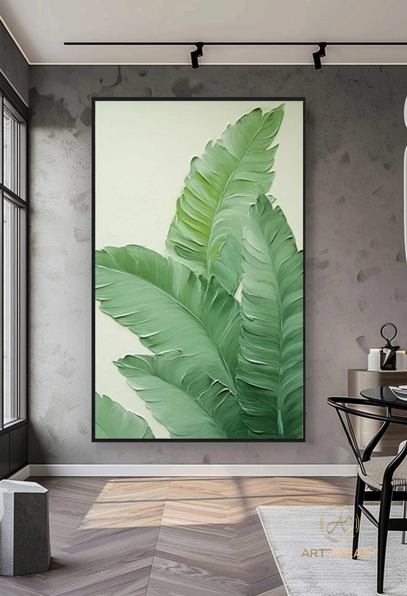 3D Minimalist Wabi Sabi Green Leaves Painting on Canvas Modern Minimalist Textured Wall Art Neutral Home Decor Large Living Room