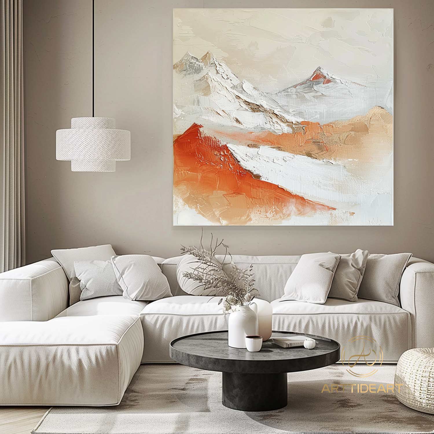 Original 3D Beige Mountain Painting on Canvas Framed Plaster Style Textured Wall Art Orange Wabi-Sabi Living Room Decor Boho Modern Canvas