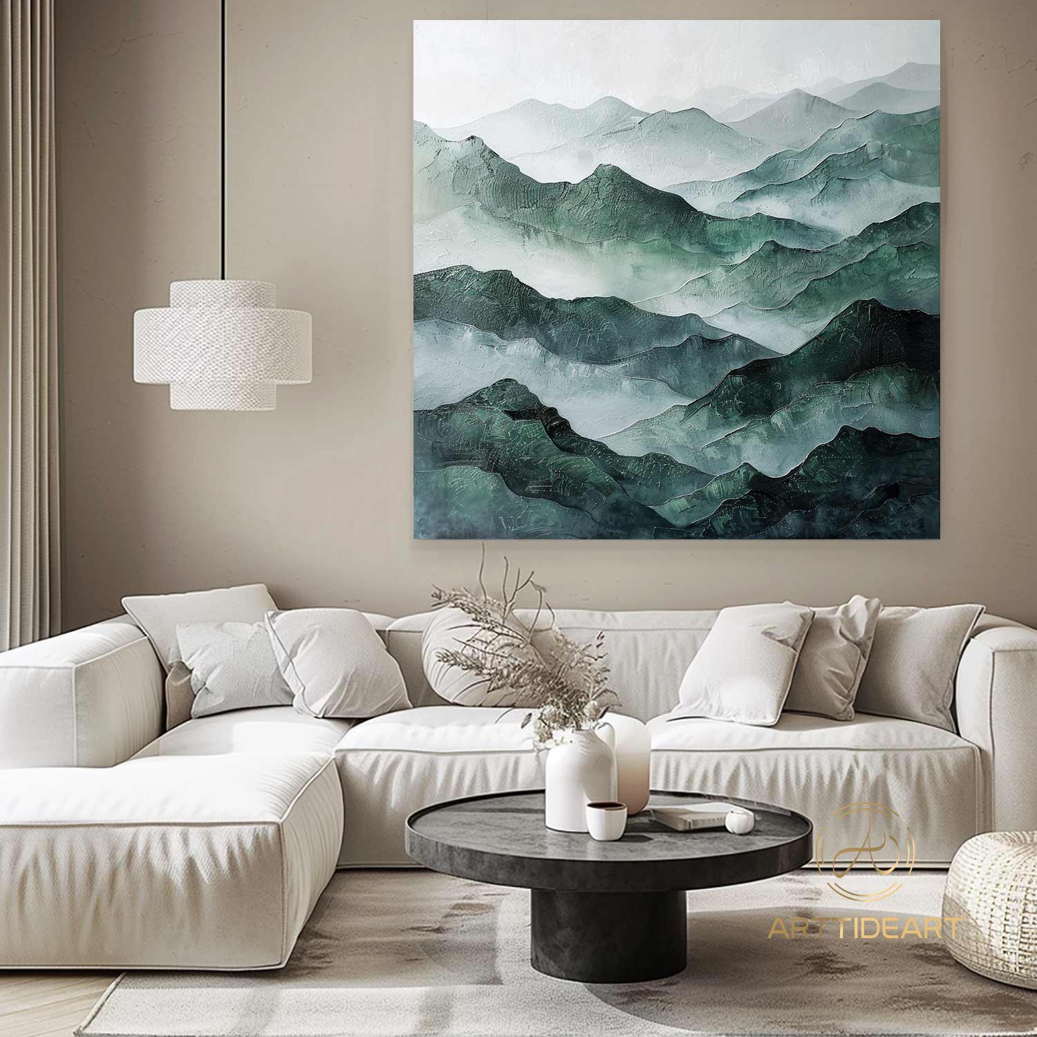Large Abstract Oil Painting on Canvas Mountain River Landscape Painting Modern Texture Wall Art Original Green Wall Art Custom Gift Painting