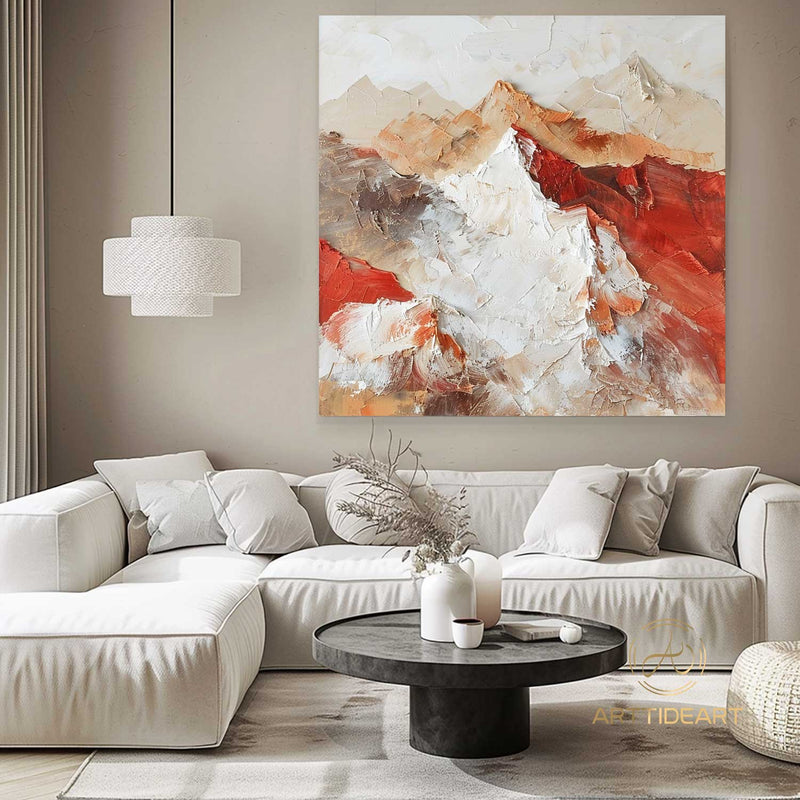 Original 3D Beige Mountain Painting on Canvas Framed Plaster Style Textured Wall Art Ivory Wabi-Sabi Living Room Decor Boho Modern Canvas