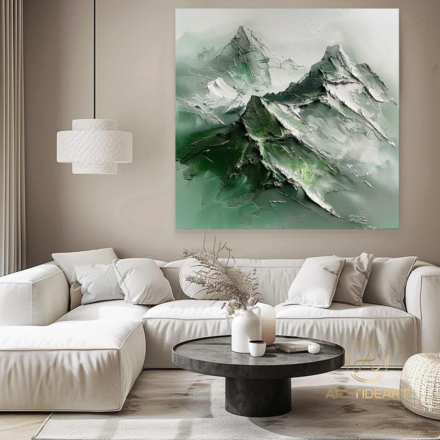 Green Abstract Mountain Painting On Canvas,Wabi Sabi Wall Art,Green And Beige Heavy Texture Mountain Painting,Minimalist Painting,Home Decor