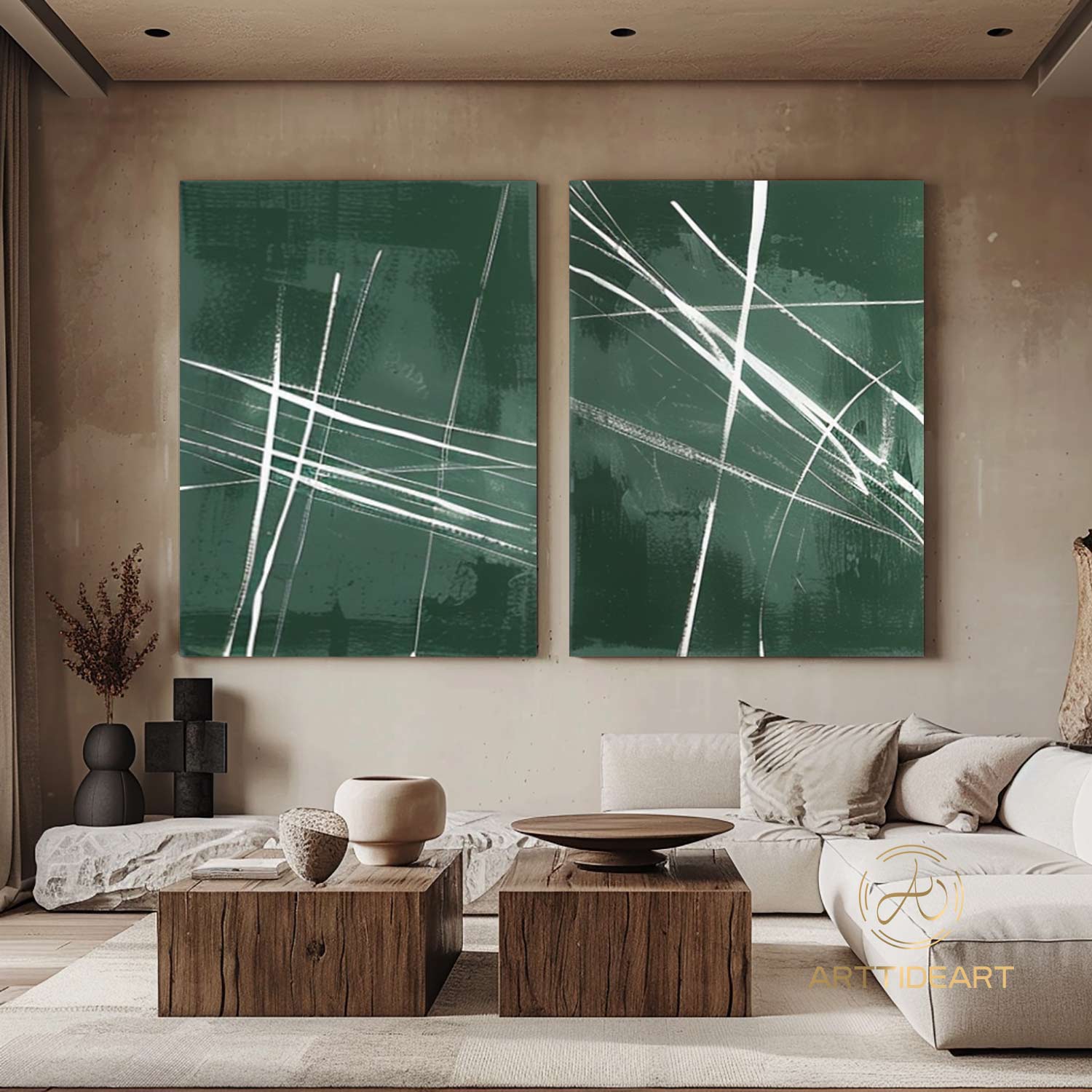 Set of 2 Green Abstract Painting Green Minimalist Painting Green Abstract Painting Green Wall Art Green wall decor Green canvas art
