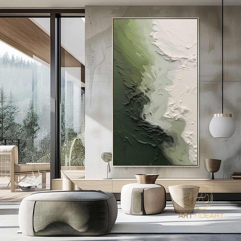 3D Green Minimalist Beach Painting Textured Wall Art Ocean Wave Painting on Canvas Wabi-Sabi Wall Art Living Room Painting Fashion Decor