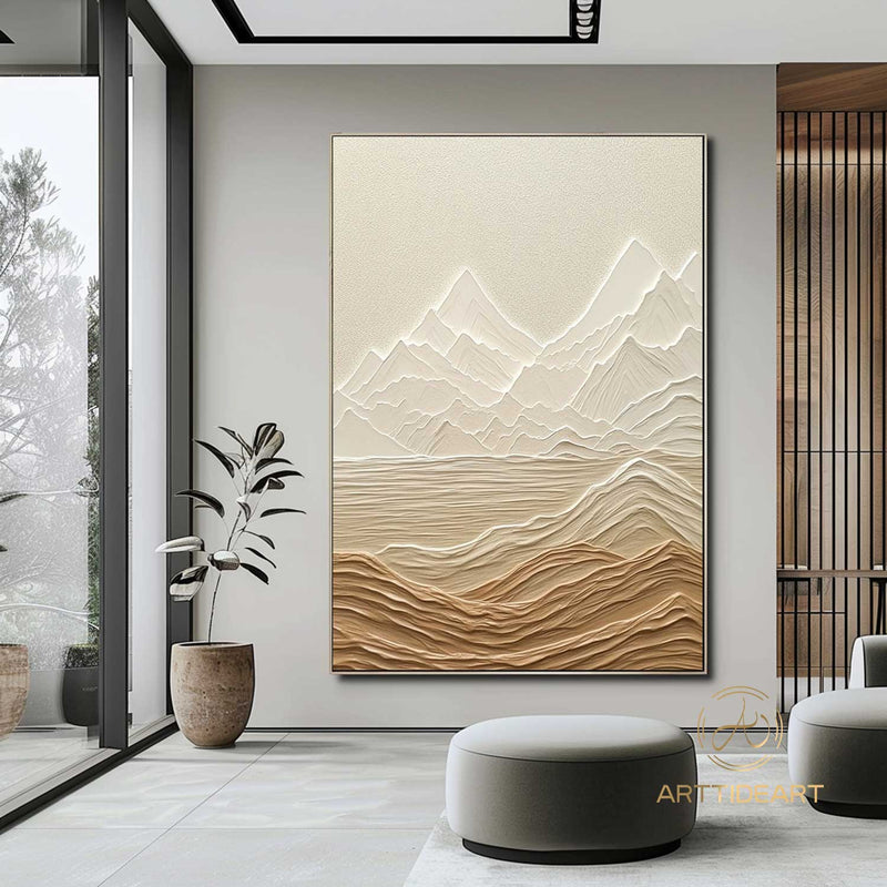 Original Abstract Mountain Landscape Texture Painting Beige Texture Knife Art White Snow Mountain Wall Art Modern Living Room Wall Art Decor