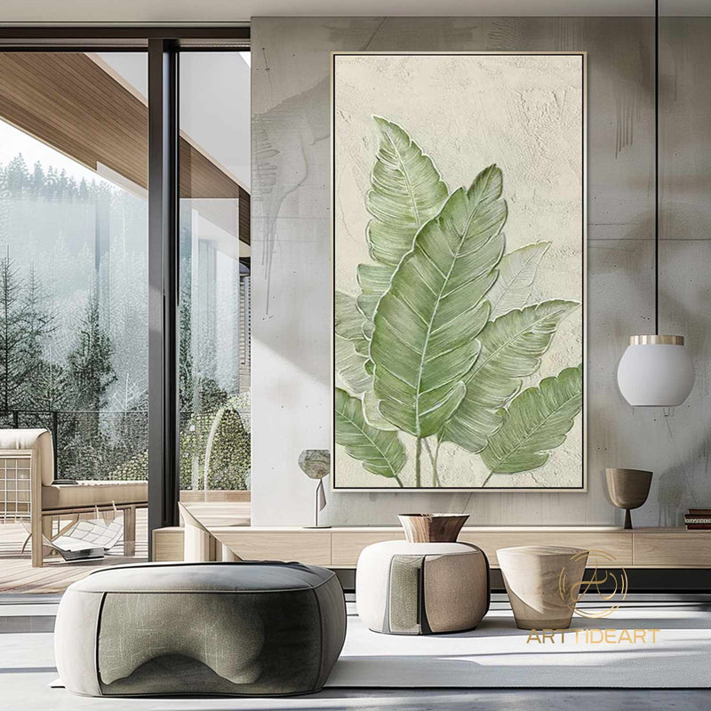 Large Nordic Green Beige abstract wall Green 3D texture painting abstract leaf painting modern living room abstract painting Minimalist Art