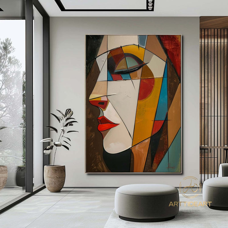 Colorful Woman Face Painting Large Figure Wall Art Female Portrait Textured Painting on Canvas Palette Knife Texture Art Modern Wall Decor