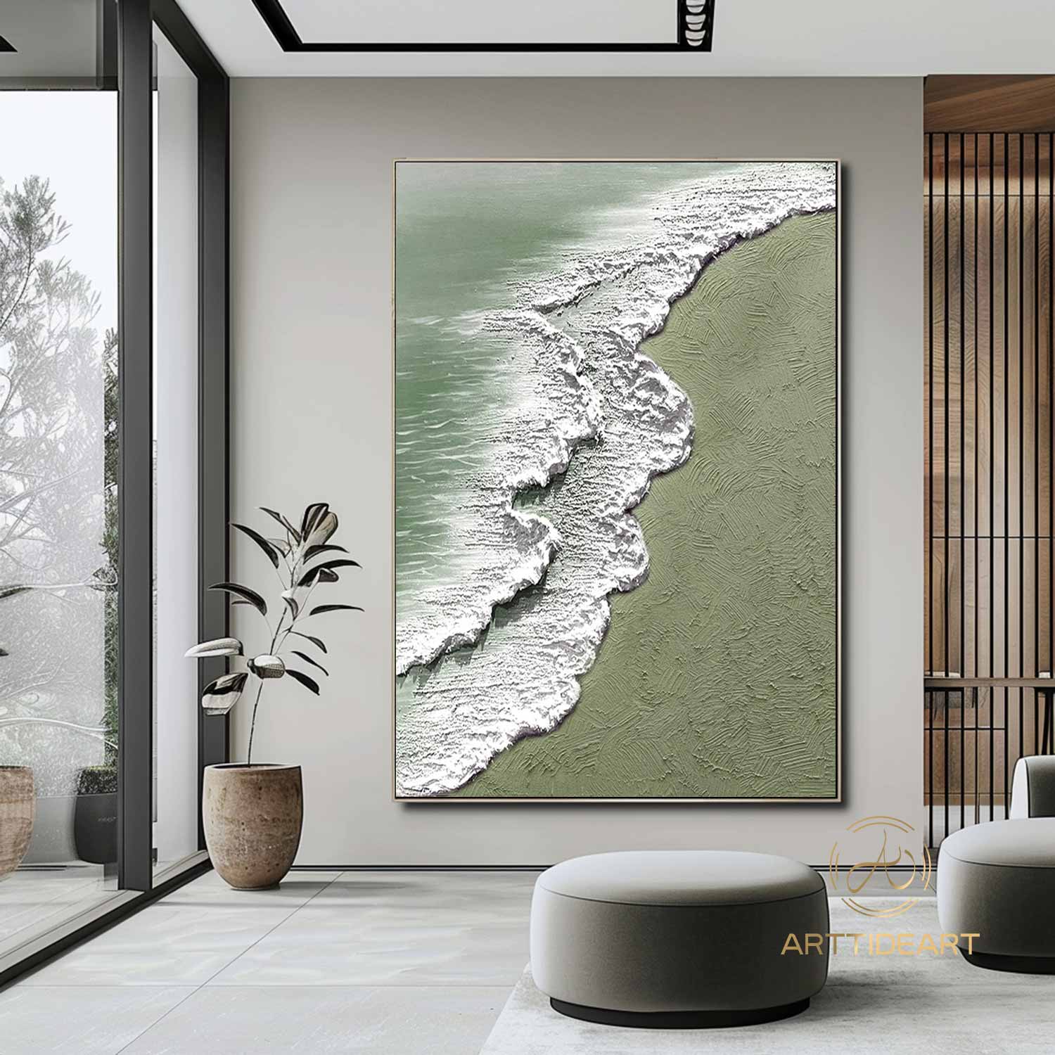 Green 3D Textured Sea Art White Waves Wabi-Sabi Minimalist Canvas Texture Art Beach Painting Mural Ocean Wave Canvas Wabi-Sabi Wall Art