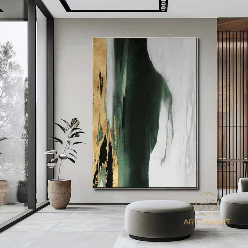 Original Acrylic Abstract Painting Green Gold White Neutral Abstract Canvas Art Gold Leaf Abstract Painting Extra Large Abstract Painting