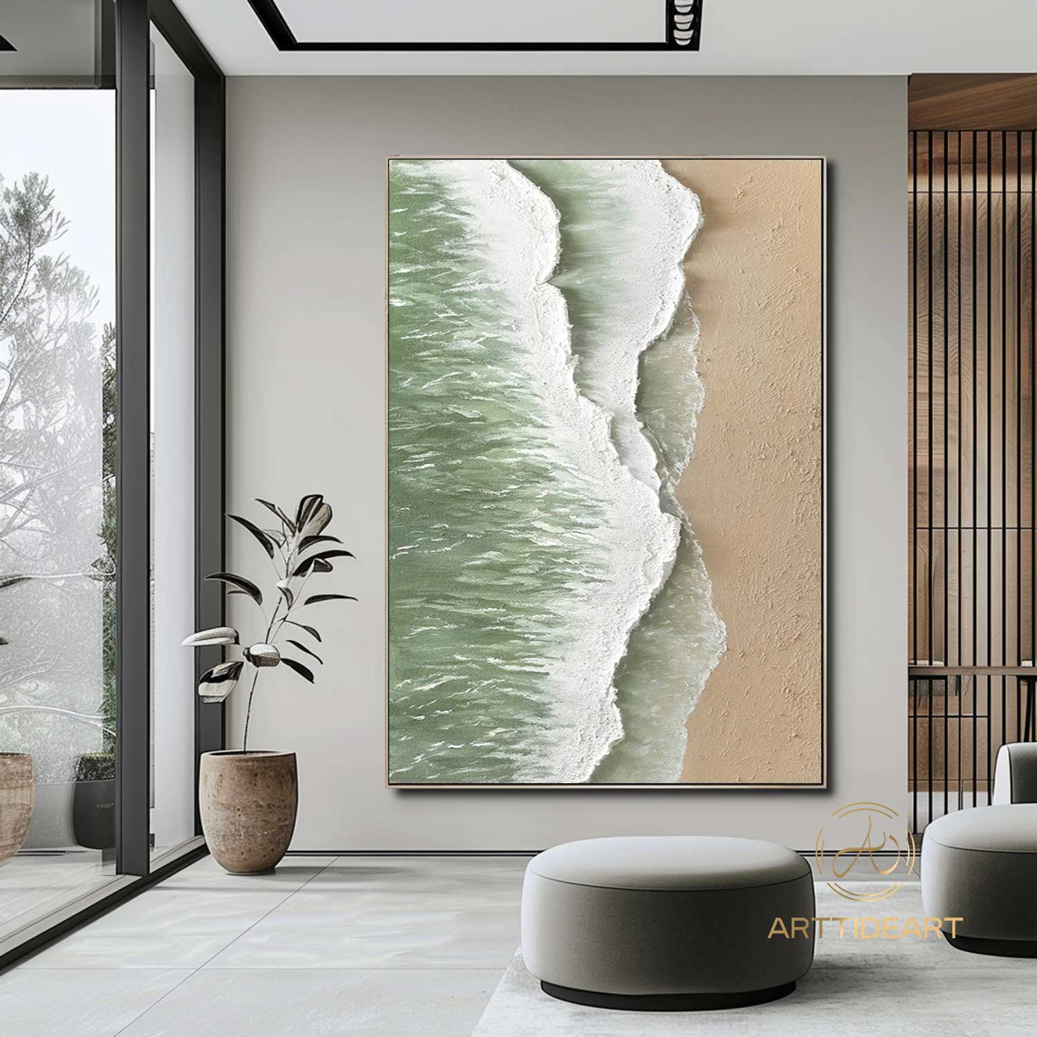 Large Green Coastal Wall Decor Abstract Green Beach Painting Acrylic Framed Ocean Wave Canvas Painting 3D Texture Abstract Beach Canvas Art