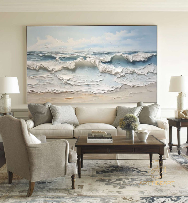 Large Textured Beach Acrylic Painting Framed Ocean Painting On Canvas Abstract Sea Art On Canvas Coastal Wall Art Beach Canvas Wall Decor