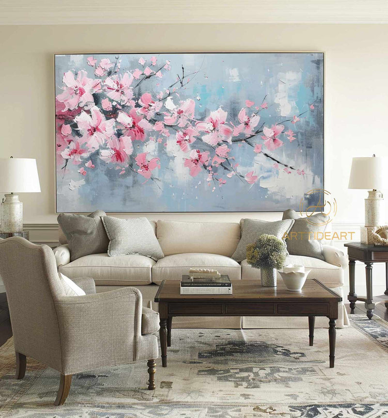 Abstract Cherry Flower Oil Painting on Canvas, Large Wall Art, Original Blossom Floral Art Pink Painting Custom Painting Living Room Decor