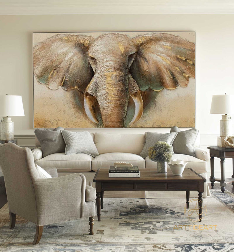 Elephant Original Painting Texture on Canvas, Wabi Sabi Framed Wall Art, POP Art Livingroom Bedroom Decor, Animal Elephant Art Gift For Her