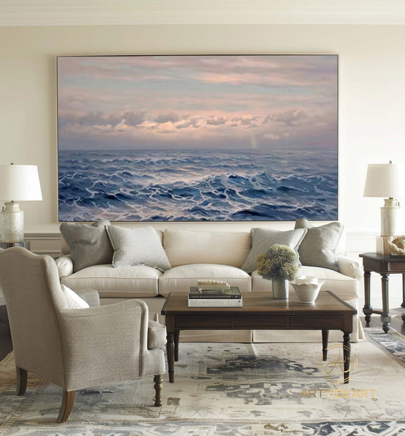 Sea Canvas Oil Painting, Holiday Seascape Texture Art, Blue Sky Cloud Mural Ocean Living Room Decor Painting sunset painting Custom Painting