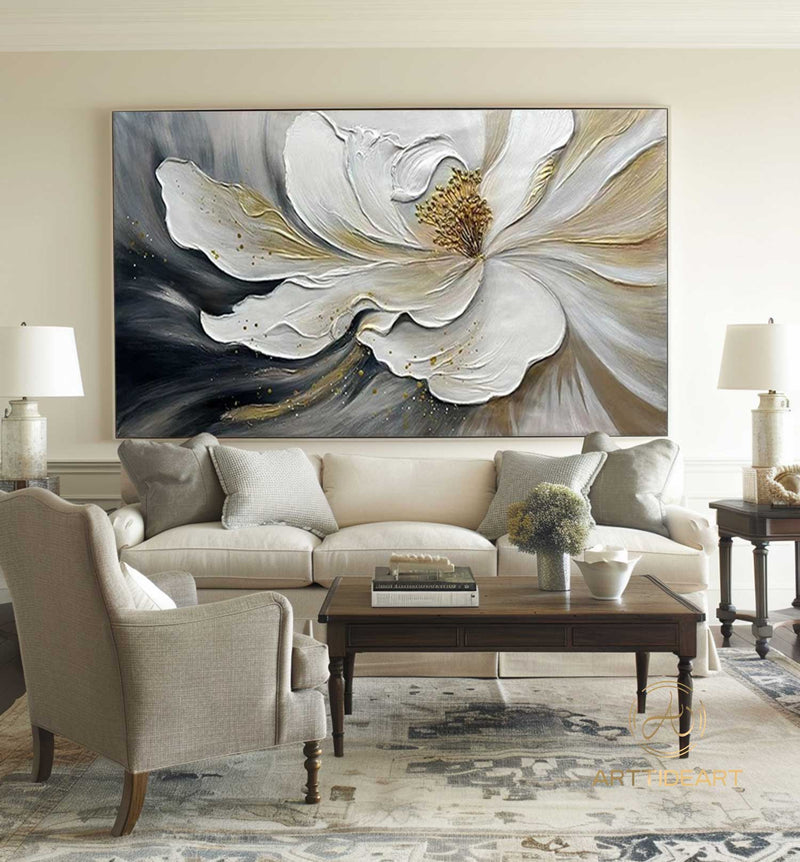 Large Abstract White Flower Oil Painting On Canvas,3D Flower Painting,Abstract Textured Floral，Palette Knife Modern Living Room Home Decor