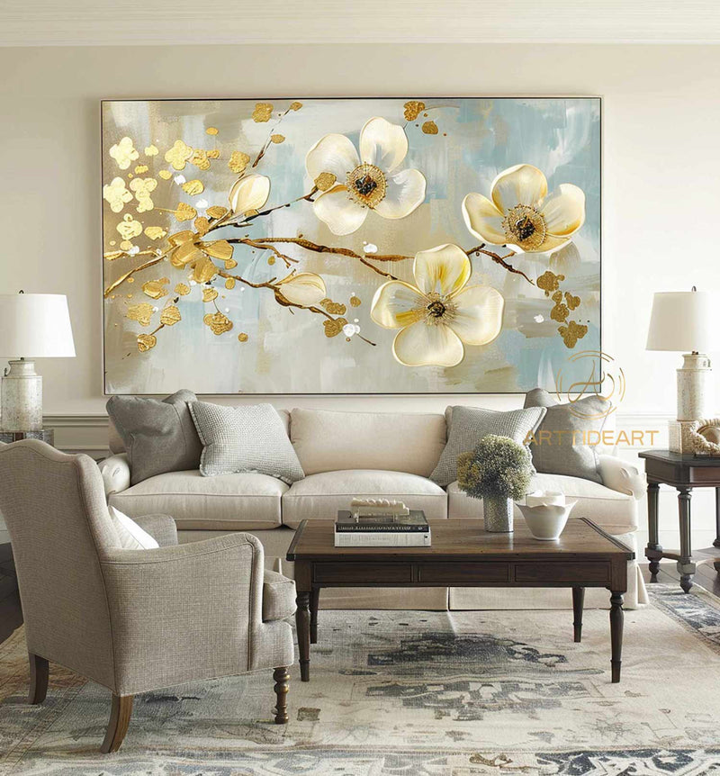 Large Original Flower Oil Painting On Canvas, White Texture Wall Decor, Abstract Floral Painting, Custom Painting, Modern Living Room Decor