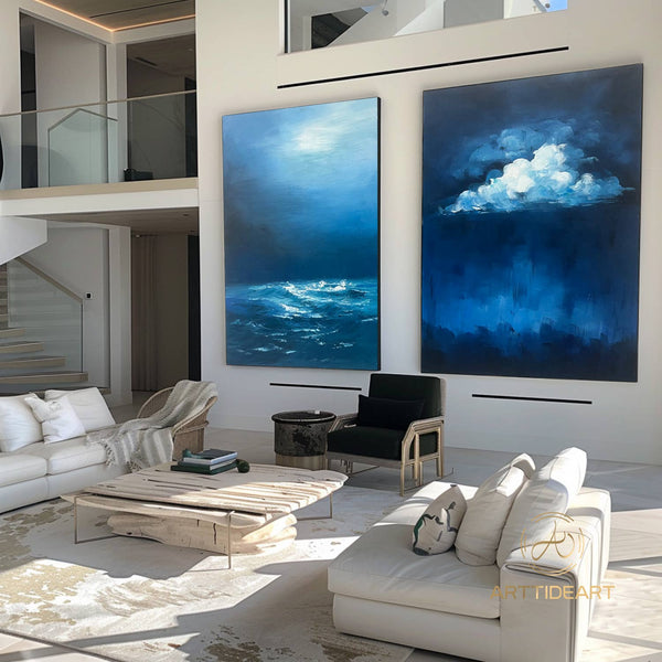 Abstract Ocean Cloud Wall Art Set of 2 Blue and White Textured Painting Modern Minimalist Painting On Canvas Blue Sea Texture Wall Art