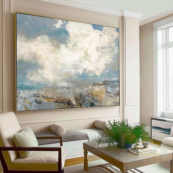 Extra Large Abstract White Cloud Painting,Blue Sky Art Original Seaside Landscape Painting Sky And Sea Art canvas painting for living room