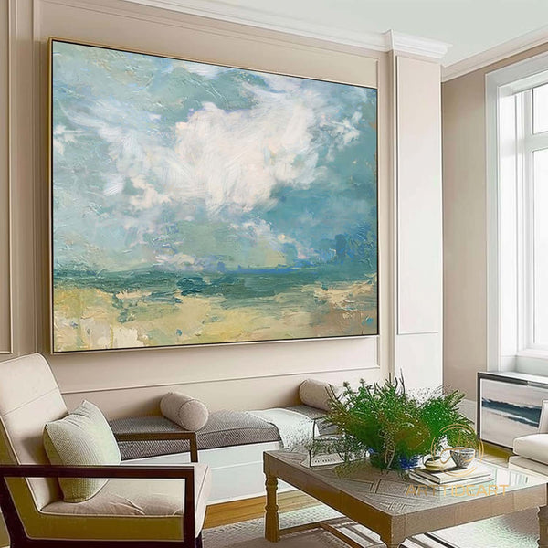 Large Sky And Sea Painting,Cloud Painting,Beach Texture Painting,Turquoise Sky Painting,abstract landscape Art,Wall Painting For Living Room