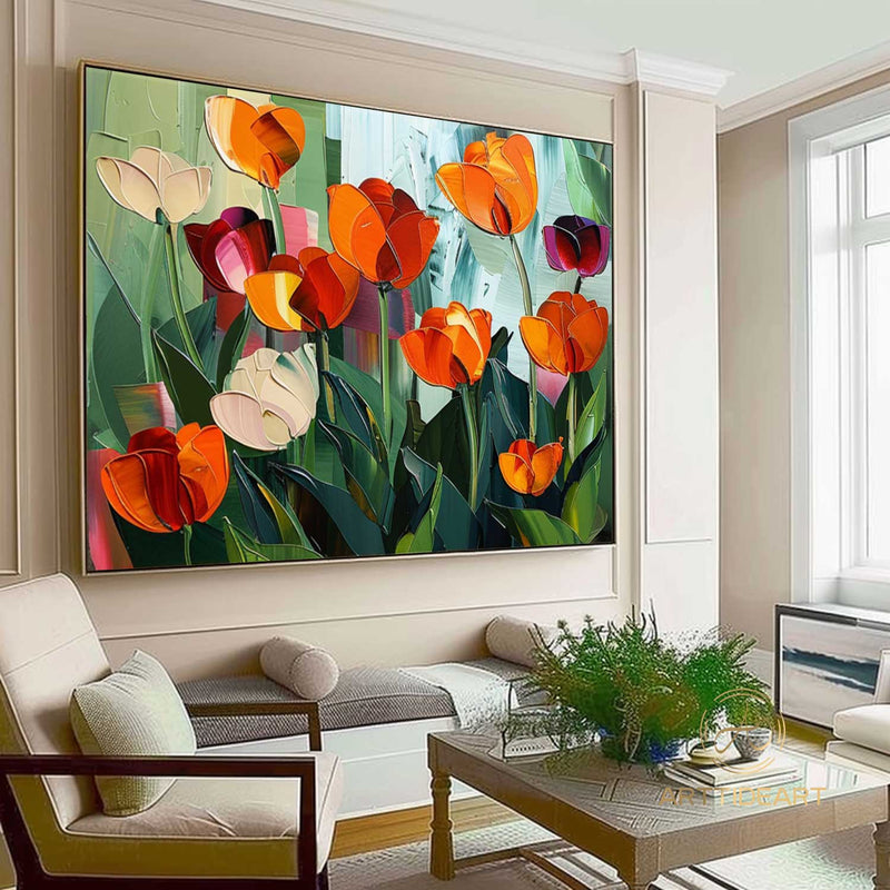 Colorful Floral Canvas Art, Vibrant Flower Painting on Canvas, Textured Acrylic Painting, Impasto Cheerful Floral Art, Living Room Wall Art