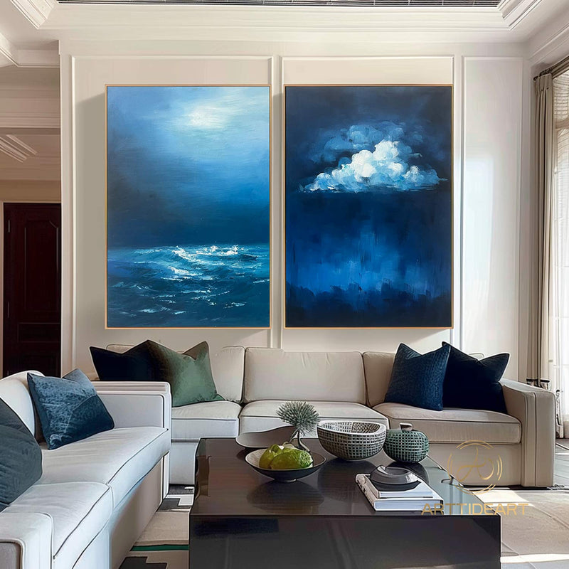 Abstract Ocean Cloud Wall Art Set of 2 Blue and White Textured Painting Modern Minimalist Painting On Canvas Blue Sea Texture Wall Art