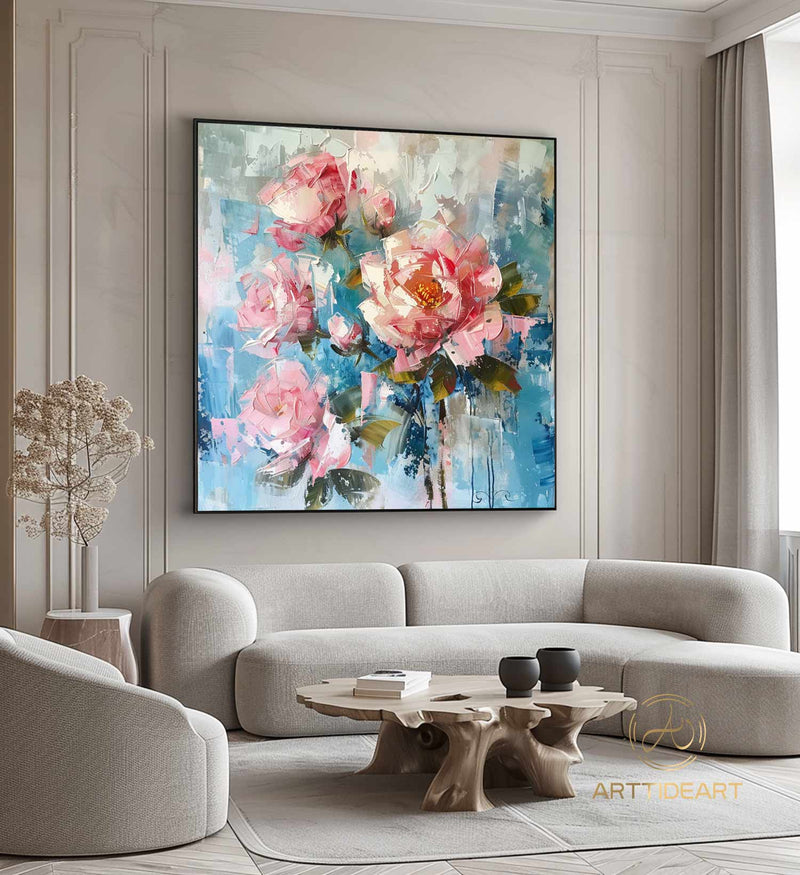 Original Roses Oil Painting On Canvas, Abstract Pink Flowers Painting, Large Wall Art, Custom Painting, Living room Wall Decor, Home Decor