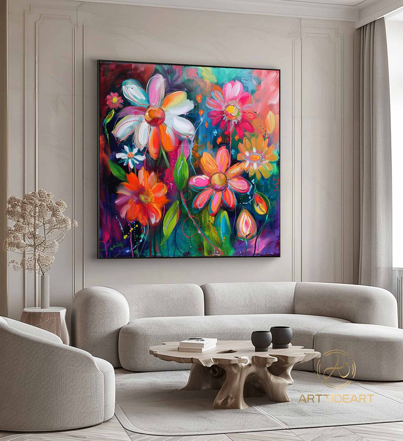 Colorful Flower Oil Painting on Canvas,Large Wall Art Abstract Original Pink Floral Landscape Art Custom Painting Modern Living Room Decor