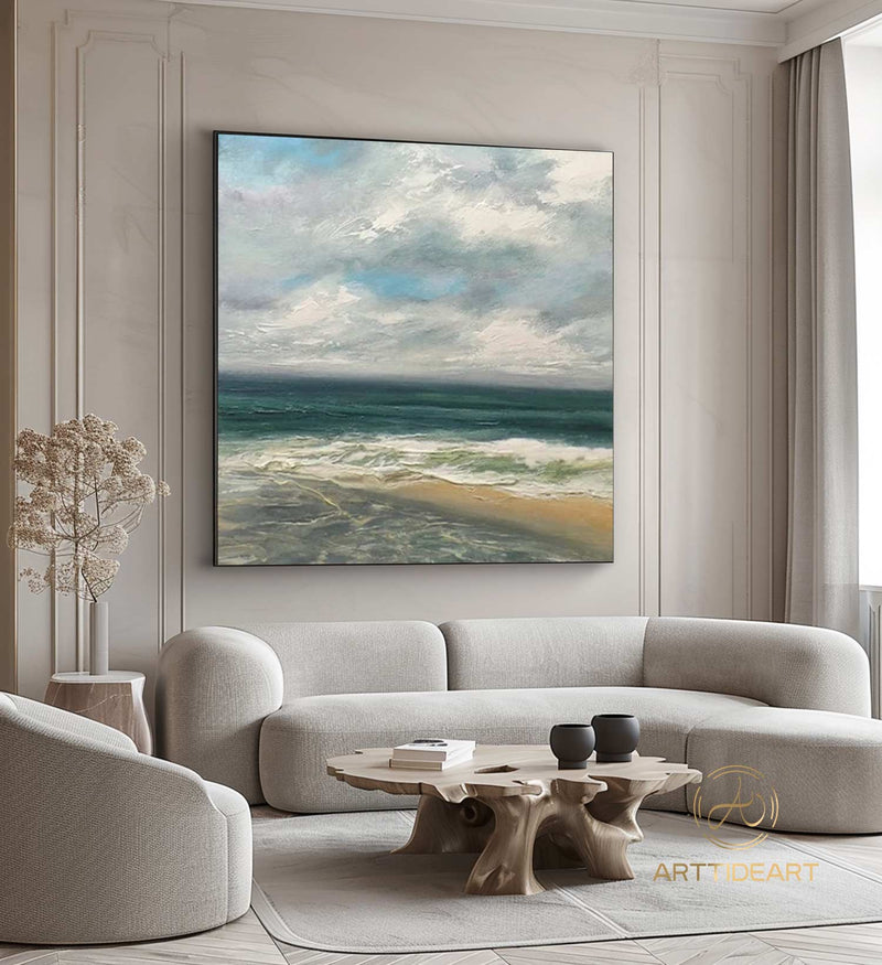 Blue Big Sea Wave Seascape Painting on Canvas Large Original Ocean Wall Art Beach Landscape Acrylic Painting Living Room Wall Art Home Decor