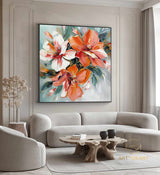 Abstract Orange Flower Oil Painting On Canvas Colorful Flower Textured Art Flower Minimalist Art Modern Living Room Decor Wall Art