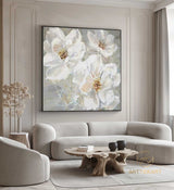 Large Abstract Flower Oil Painting on Canvas Wall Art,Original Textured Floral Wall Art White Painting Modern Wall Decor Living Room Art