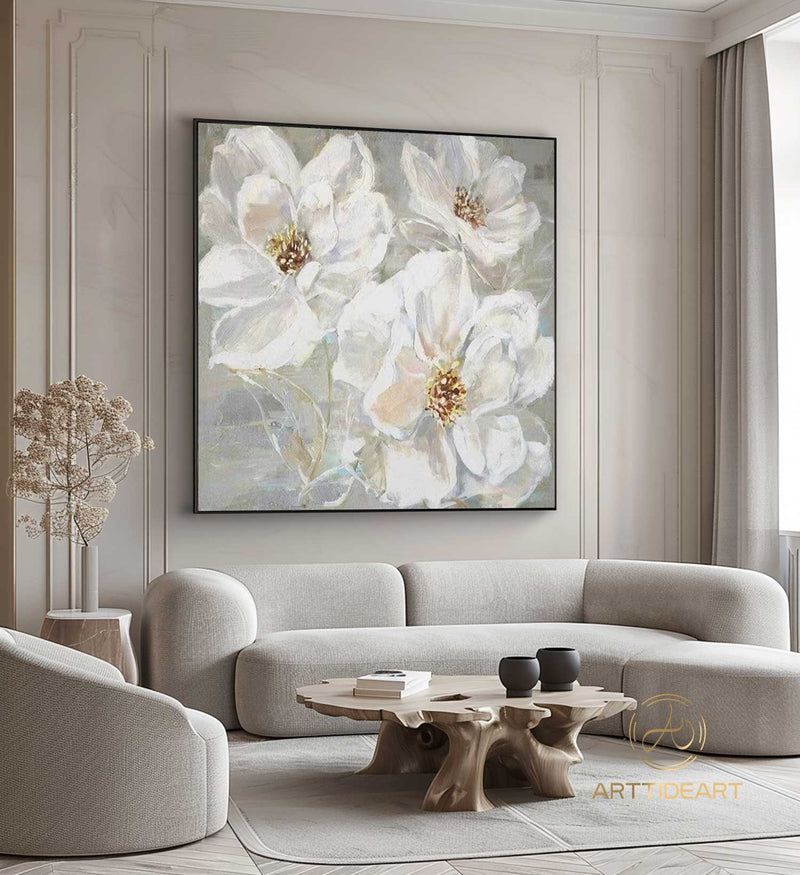 Large Abstract Flower Oil Painting on Canvas Wall Art,Original Textured Floral Wall Art White Painting Modern Wall Decor Living Room Art