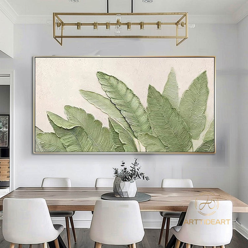 Green Leaf Textured Canvas Art Green Wall Art Framed Minimalist Leaf Landscape Painting 3D Texture Painting Boho Living Room Wall Art Decor