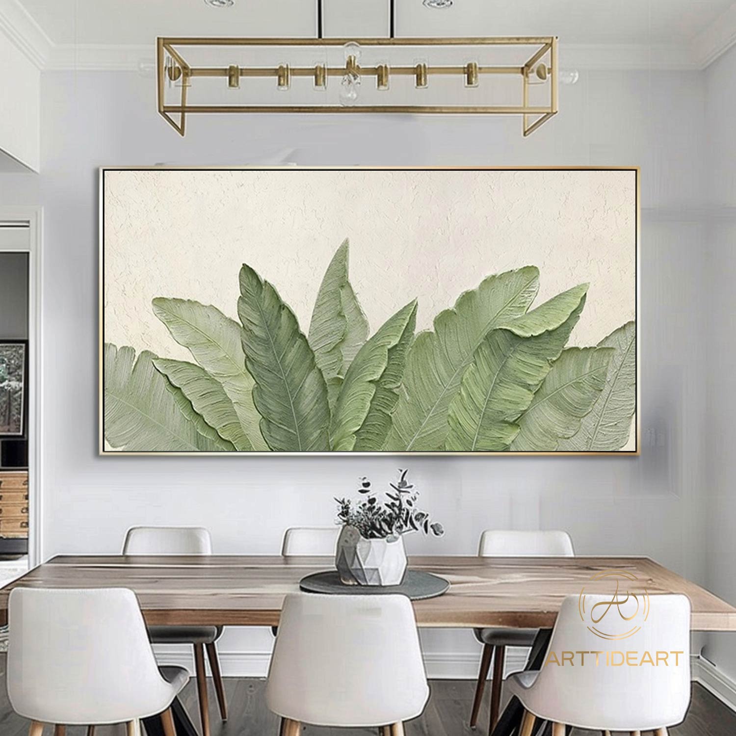 Green Leaf Textured Canvas Art Green Wall Art Framed Minimalist Leaf Landscape Painting 3D Texture Painting Boho Living Room Wall Art Decor