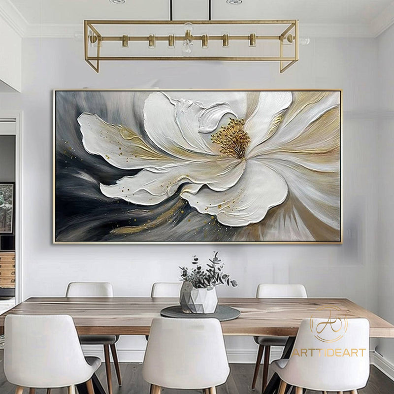 Large Abstract White Flower Oil Painting On Canvas,3D Flower Painting,Abstract Textured Floral，Palette Knife Modern Living Room Home Decor