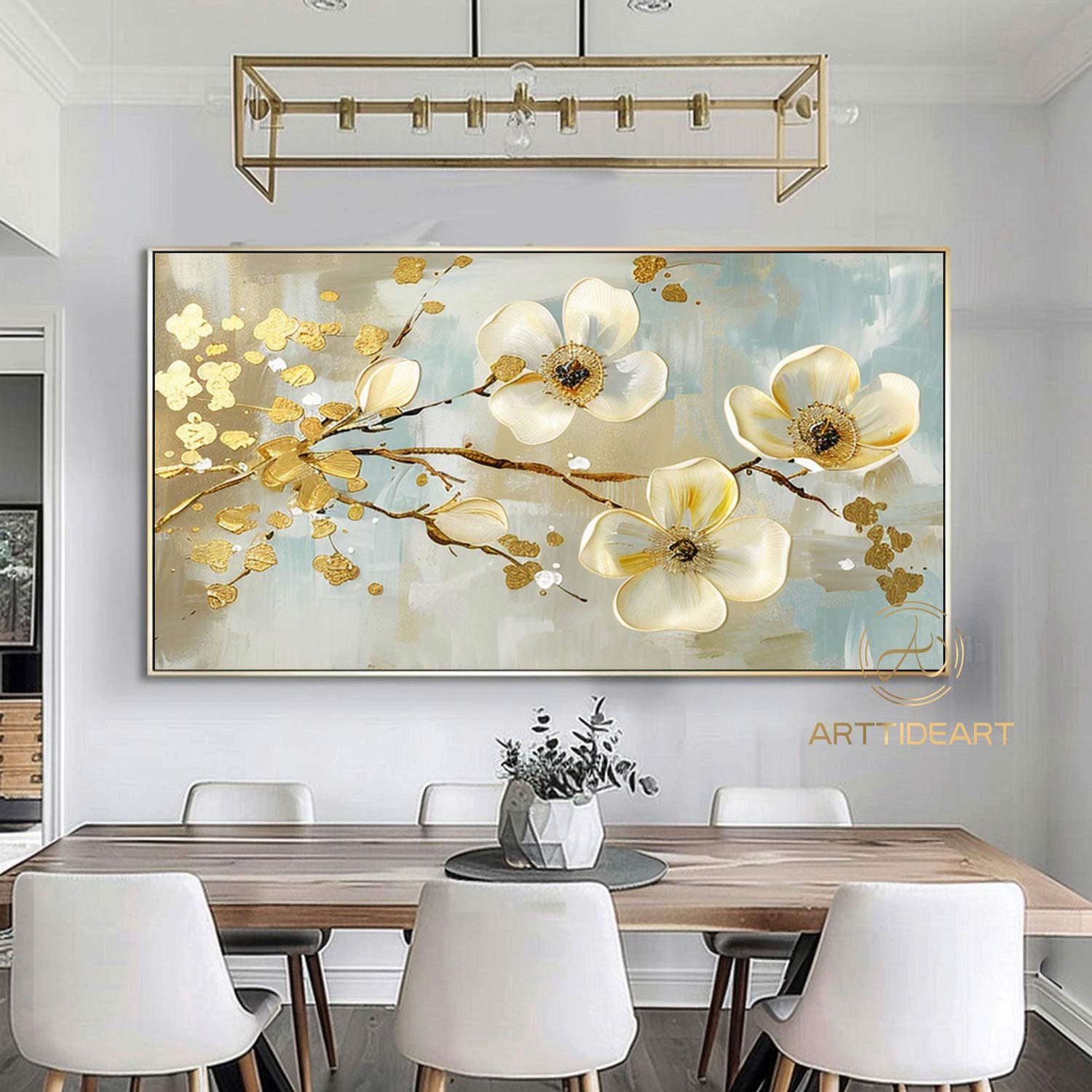 Large Original Flower Oil Painting On Canvas, White Texture Wall Decor, Abstract Floral Painting, Custom Painting, Modern Living Room Decor