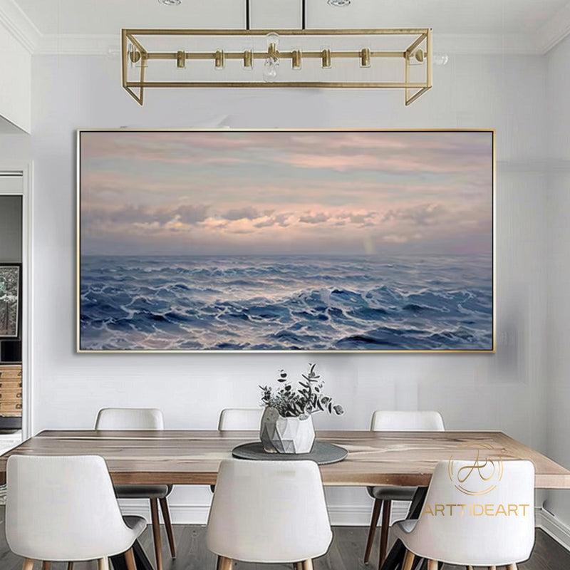 Sea Canvas Oil Painting, Holiday Seascape Texture Art, Blue Sky Cloud Mural Ocean Living Room Decor Painting sunset painting Custom Painting