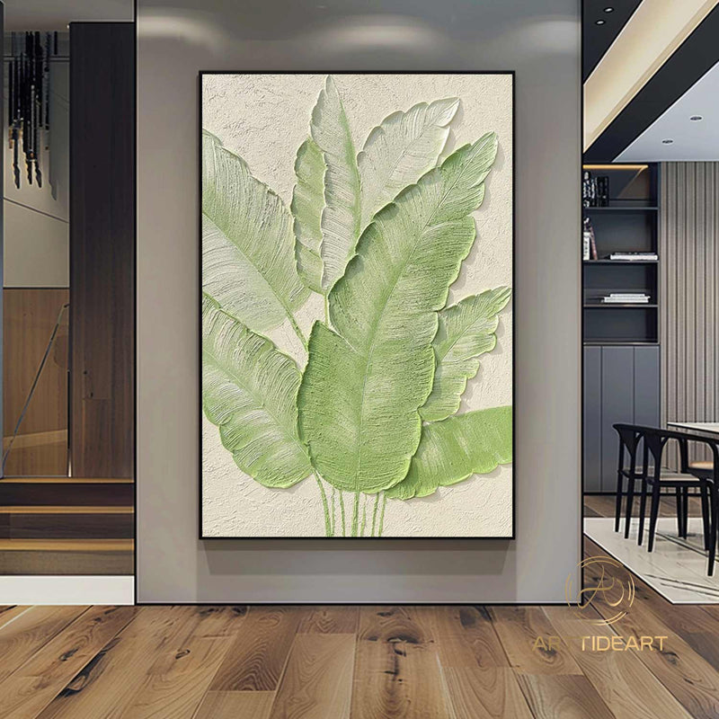 Large Nordic Green Beige abstract wall Green 3D texture painting abstract leaf painting modern living room abstract painting Minimalist Art