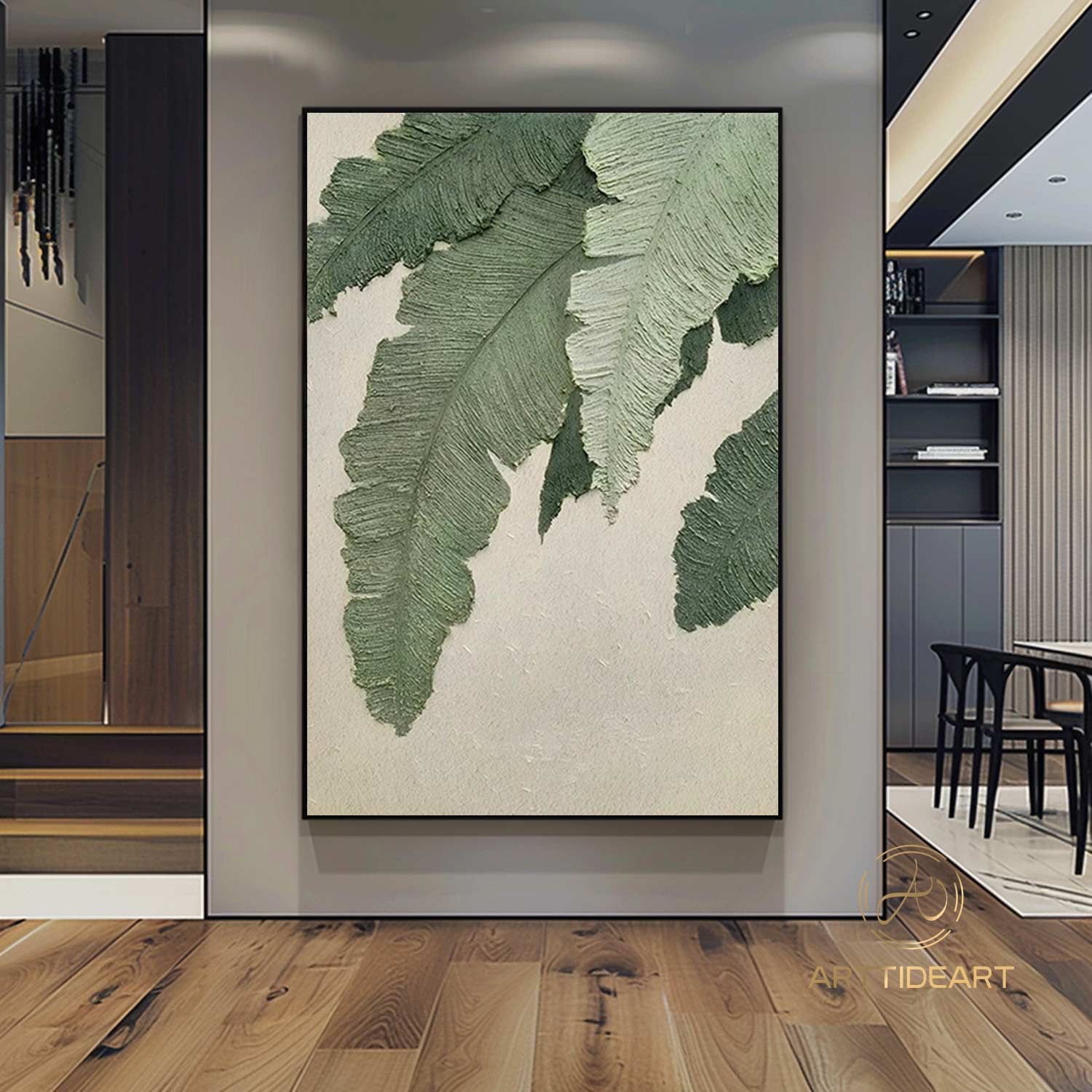 Large Nordic Green Beige abstract wall Green 3D texture painting abstract leaf painting modern living room abstract painting Minimalist Art