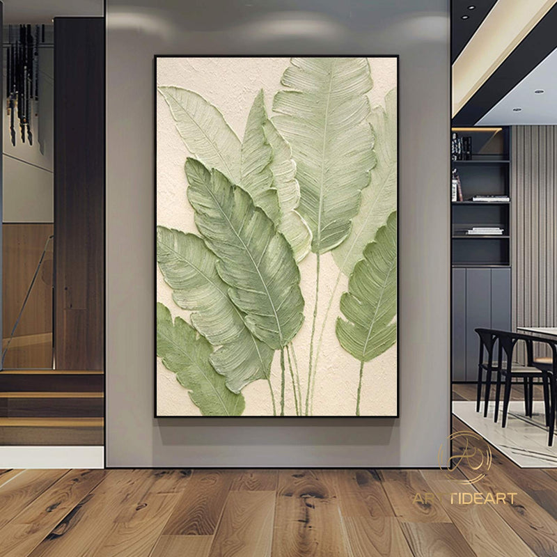 Organic-Style Tree Leaf Painting 3D Textured Art Banana Leaf Botanical Wall Art Abstract Painting Beige Green Original Plants Painting