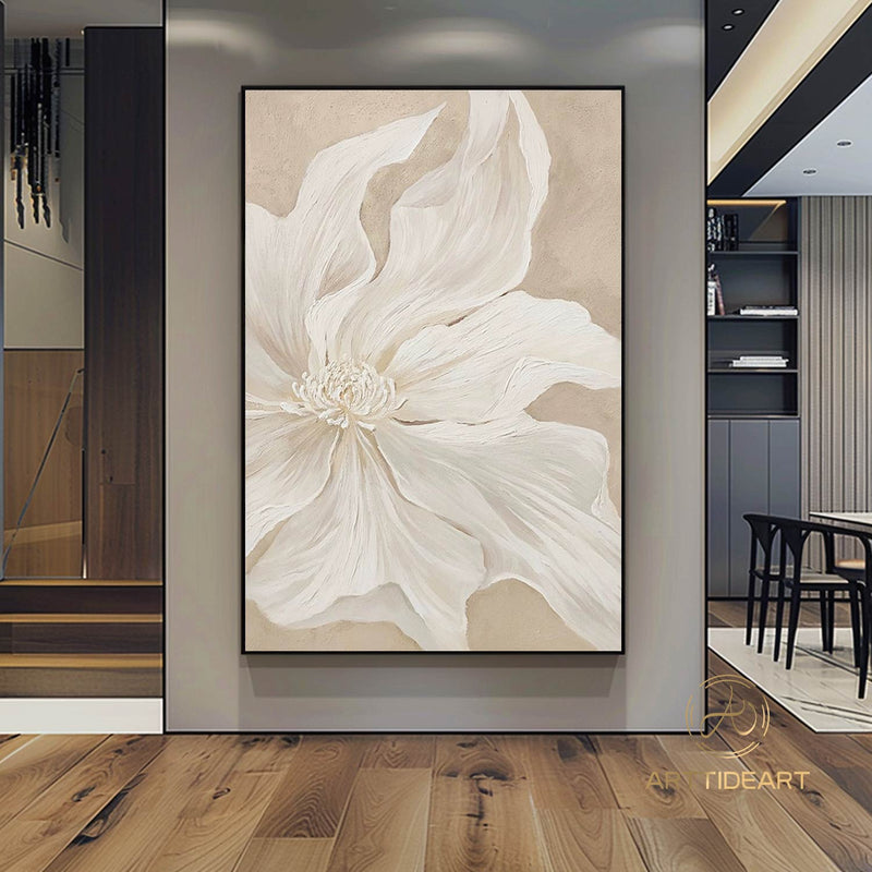 Original White Flower Oil Painting on Canvas,Large Wall Art,Abstract Floral Painting,Minimalist Art,Custom Painting,Living Room Decor Gift