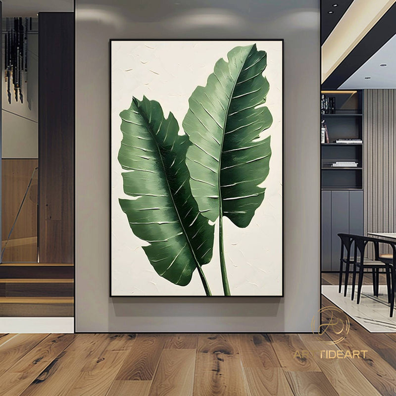 Large 3D Green abstract leaf painting,texture painting art, Original Green Banana Leave Oil Painting,Plant Art ，Modern Living Room Decor