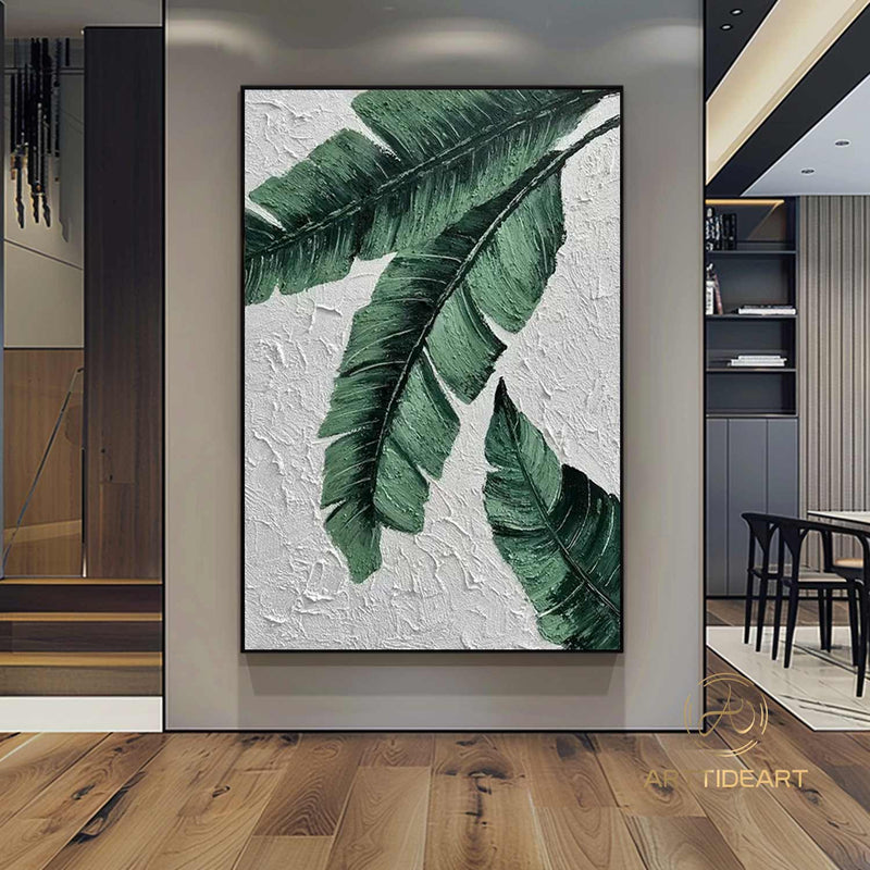 Tropical Green Leaves, 100% Handmade, Tropical Botanical, Leaf, Textured Painting, Acrylic Abstract Oil Painting, Wall Decor Living Room