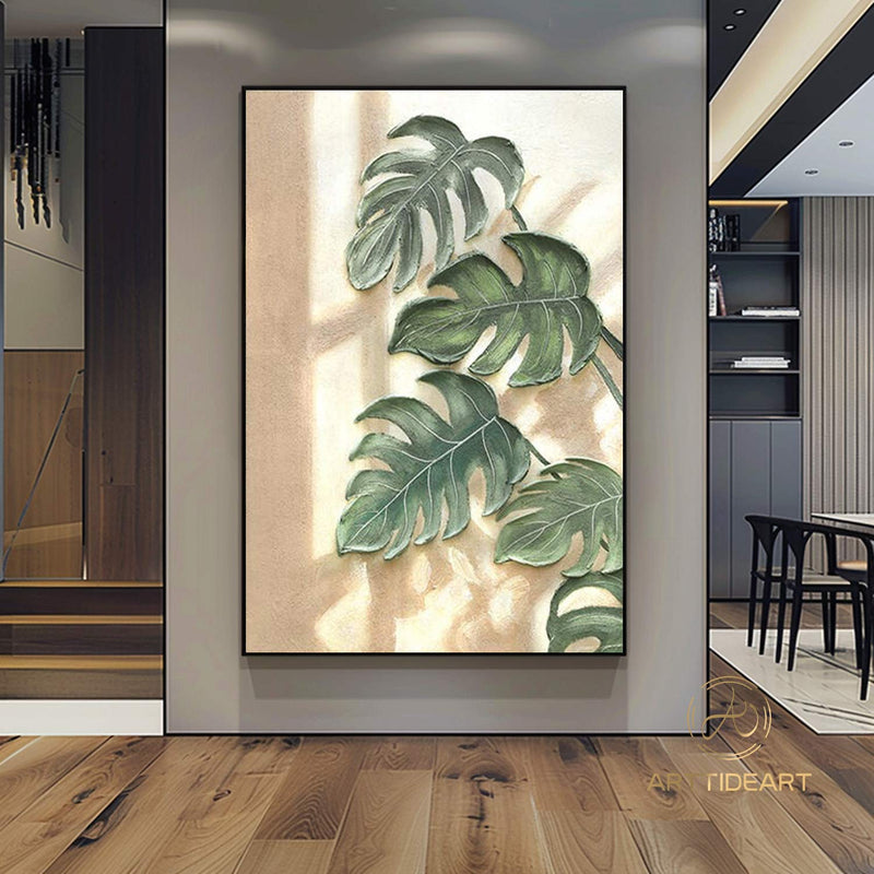  Organic-Style Tree Leaf Painting 3D Textured Art Banana Leaf Botanical Wall Art Abstract Painting Beige Green Original Plants Painting