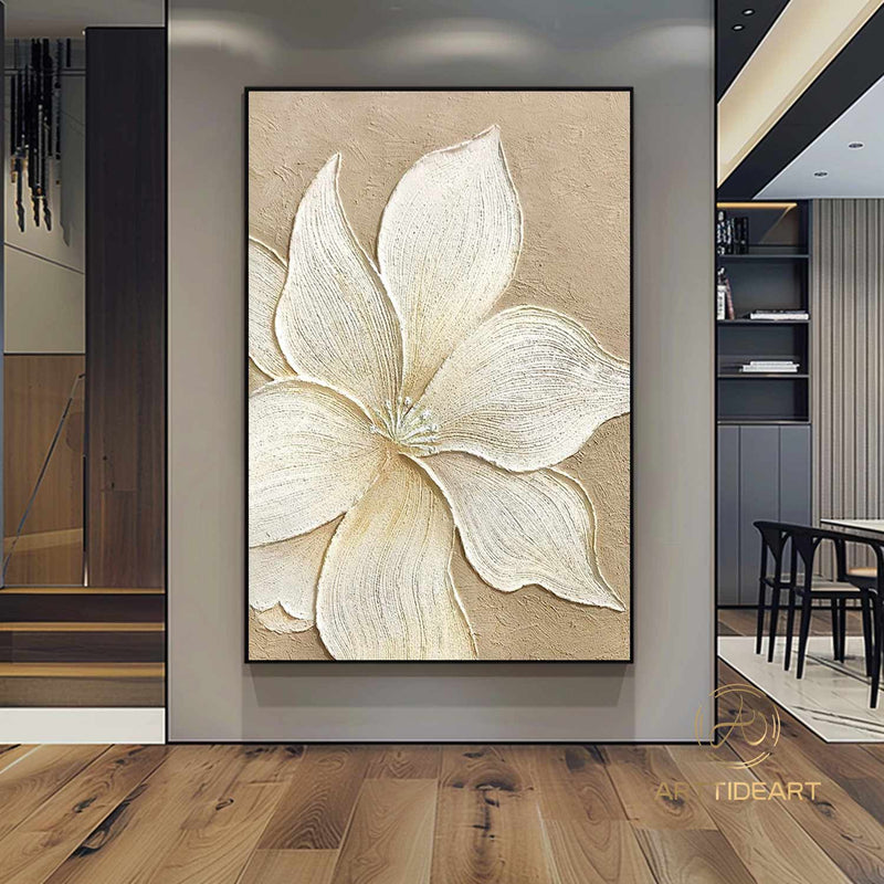 Large Original Flower Oil Painting On Canvas, Beigel Decor, Abstract Texture Floral Painting,Custom Painting, Modern Living Room Decor