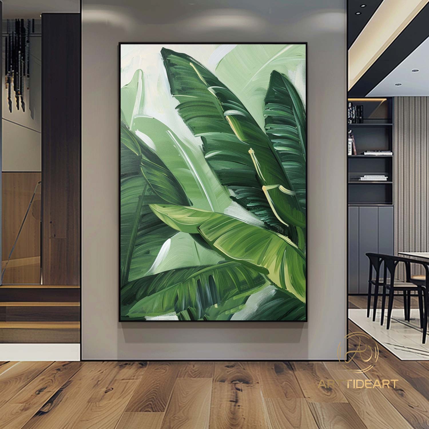 Modern Banana Leaf Canvas Oil Painting, 100% hand-painted custom artwork, landscape botanical paintings, living room wall decor fashionable