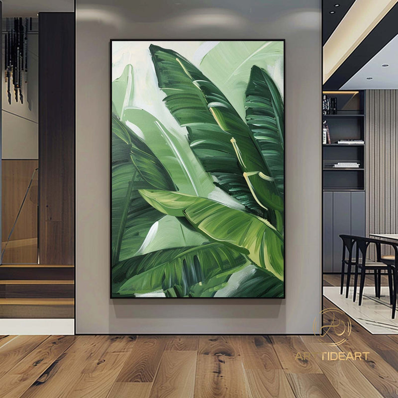 Modern Banana Leaf Canvas Oil Painting, 100% hand-painted custom artwork, landscape botanical paintings, living room wall decor fashionable