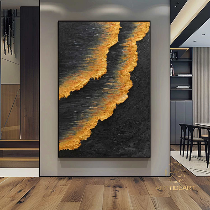 Wabi-Sabi Wall Art Large Ocean Waves Abstract Painting Black Orange Painting Heavy Texture Painting Hand-painted Abstract Art