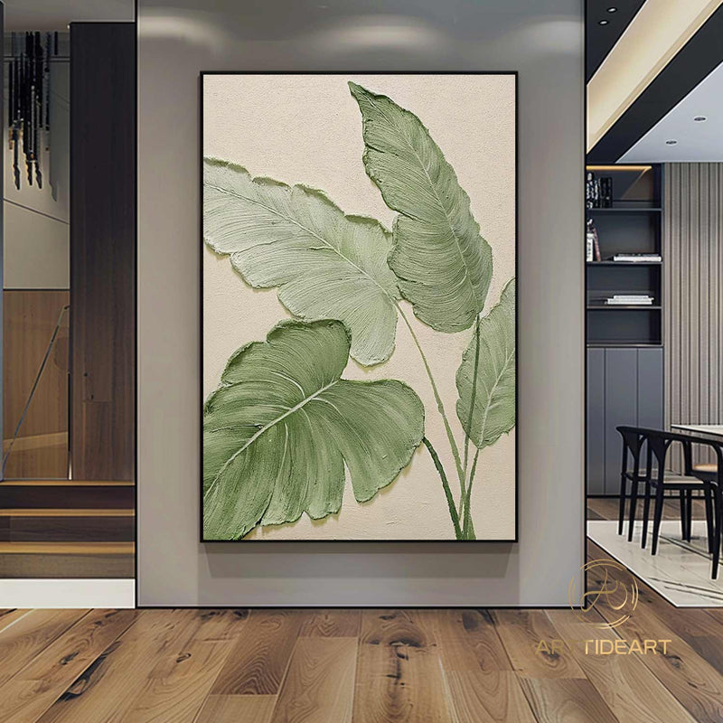 Original Green Leaf Painting Green Acrylic Canvas Framed Wall Art Hand Painted Leaf Landscape Oil Painting Living Room Home Wall Art Decor