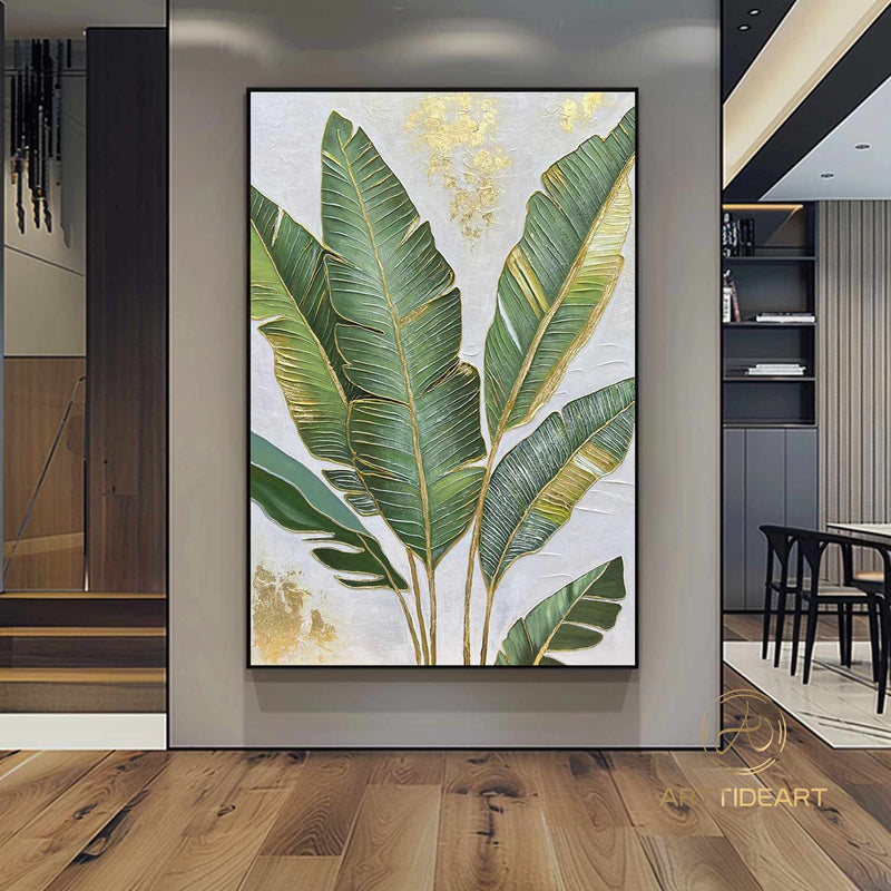 Large 3D Green abstract leaf painting,Gold texture painting, Original Green Banana Leave Oil Painting,Plant Art,Modern Living Room Decor