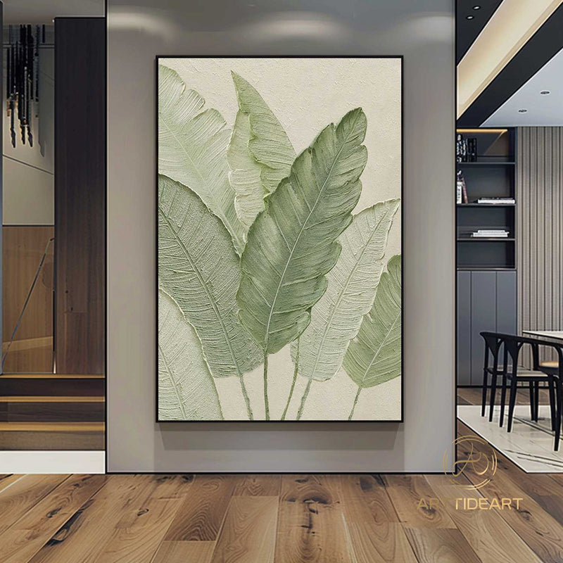 Large Green Leaf Textured Painting on Canvas Green Minimalist Wall Art Leaf Landscape Painting Green Minimalist Painting Boho Wall Art Decor